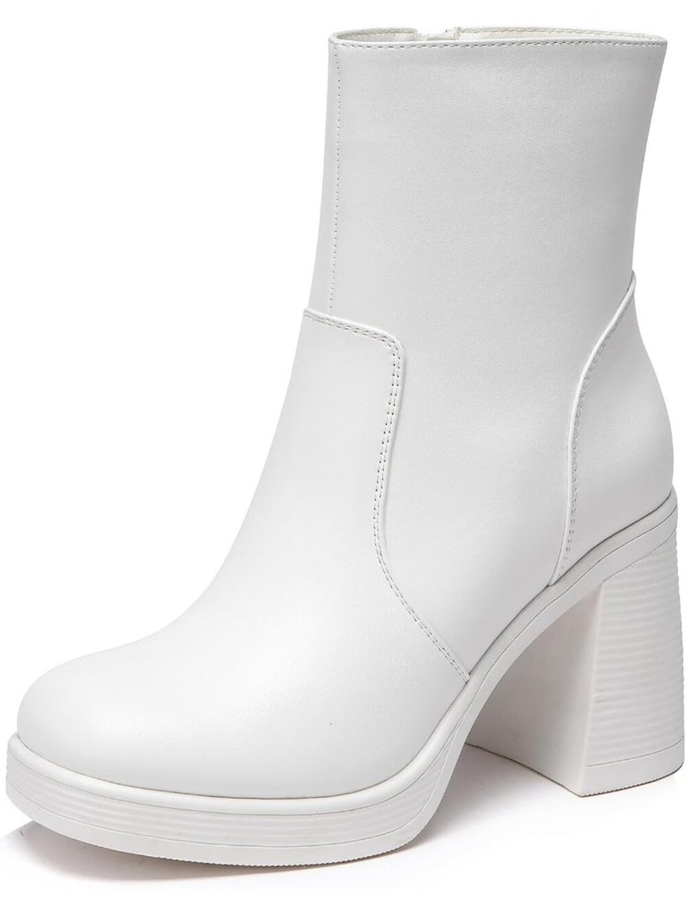 Women's White Platform Square Toe Gogo Chunky Block Heel Ankle Boots with Zipper